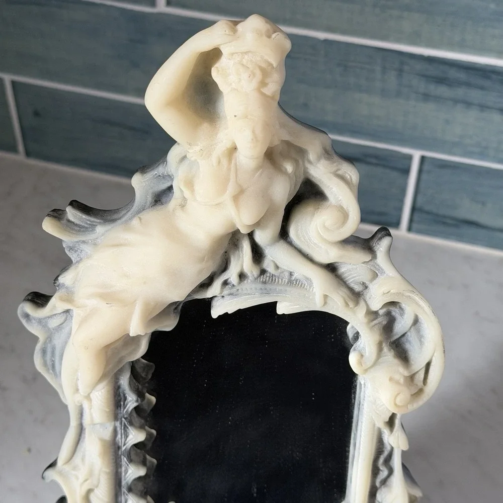 Antique Baroque Style Incolay Stone Vanity Mirror Woman Cherub Art Nouveau